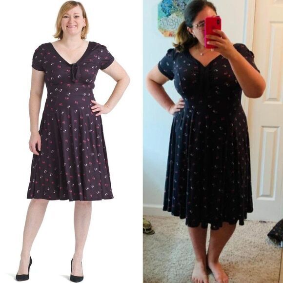 Unique Vintage ‎ Gwynnie Bee black floral print V neck with bow dress, 1X - Picture 2 of 16